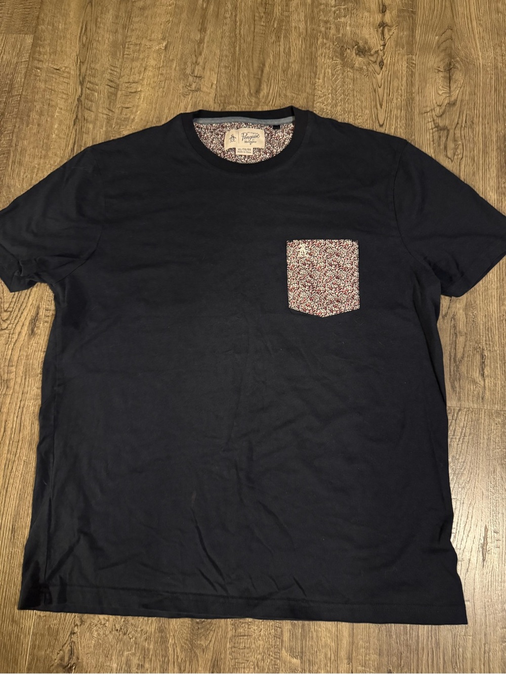 Original Penguin Navy Crewneck Tee with Patterned Chest Pocket